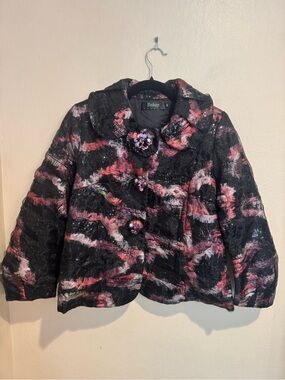 Vintage Bishop Floral Button-Front Sequin Embelished Jacket in Black & Pink